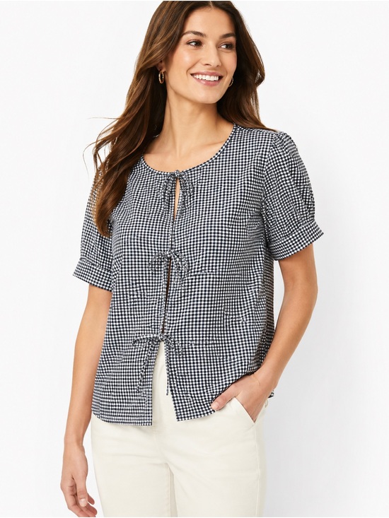 Adrianna Papell Tops - Adrianna Papell Top Womens XL Gingham Tie Front Blouse Short Sleeve Check